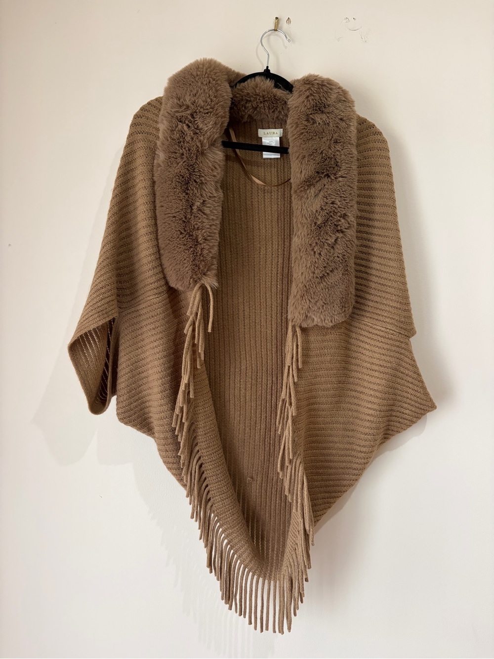 Camel Brown Fringe Knit Shawl Open Cardigan with Faux Fur Collar